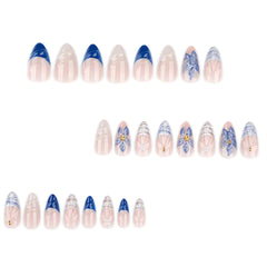 Cyflymder 24pcs French Almond Press on Nails with 3D Flower Design Korean Fake Nails for Women Girl Wearable Detachable Sweet False Nails