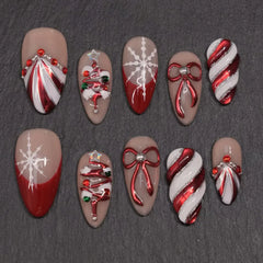 Cyflymder 24Pcs Cat's Eye Red French False Nails Press on Mid-length Almond Fake Nails Bow Snowflake Pearl Wearable Full Cover Nails Tips