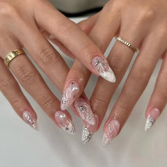 Cyflymder 24Pcs 3D Bow Strawberry False Nails Art Mid-length Almond Full Cover Nails Tips Pink Smudge Pearl Detachable Press on Fake Nails