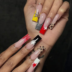 Cyflymder 24pcs Sweet Cool y2k Star Press on Nails Leopard Print French Long Ballet Fake Nails for Women Wearable Gothic Punk False Nails