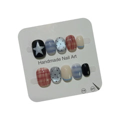 Cyflymder 10pcs Short Oval Shaped Press-On Nails - Color Block Stripes & Star Designs Glossy Mix-and-Match False Nails for Women and Girls