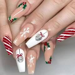 Cyflymder Christmas Press on Nails Red Stripe Deer Snow Pattern Fake Nails for Women Wearable Winter Long Coffin/Almond False Nails