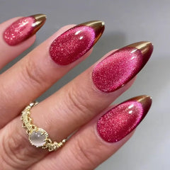 Cyflymder 24Pcs Red Cat's Eye Nails Set Press on Golden French Design False Nails Mid-length Almond Detachable Full Cover Fake Nails Tips