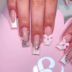 Cyflymder 24Pcs Long Square Press on Fake Nails French Leopard Print Detachable False Nails 3D Bow Flower Rhinestone Full Cover Nails Tips