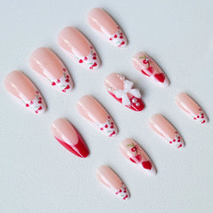 Cyflymder 24pcs French Cherry False Nails 3d Bow Pearl Sweet Style Fake Nail Tips Full Cover Wearable Press on Nails Valentine's Day Gift