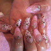Cyflymder 24pcs Pink Leopard Print Fake Nail Tips y2k Spicy Girls French Almond Press on Nail Wearable Detachable Sweet Korean False Nails