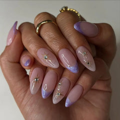 Cyflymder 24pcs Purple French Almond Press on Nails Star Pattern False Nails Wearable Stick-on Nail Fake Nails Uñas Накладные Ногти 네일팁