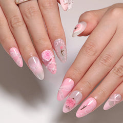 Cyflymder 24pcs French Cute Fake Nail Sweet Pink 3D Flowers Bowknot Design Almond False Nail Patch Korean Style Press on Nails for Girls
