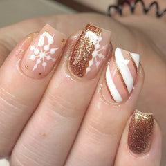 Cyflymder 24pcs Gold Almond Press on Nails Christmas Snowman Deer Print Fake Nails for Women Girls Manicure DIY Wearable False Nails