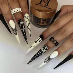 24pcs White Bones Long Pointed Fake Nail Patches Halloween Ghost Spider Webs Press on Nails for Girls Women Wearable Detachable