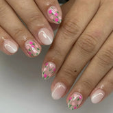 Cyflymder 24Pcs Pink Gradient Tulip Design Full Cover Nails Tips Art Short Round Head Fake Nails Reusable Artificial Press on False Nails