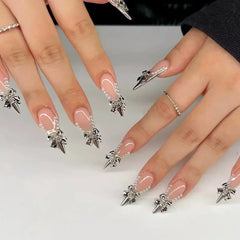 Cyflymder 24Pcs White Almond False Nails Ballet with French Design Wearable Fake Nails Gradient Simple Full Cover Press on Nail Tips Art