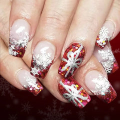 Cyflymder 24pcs Shiny Pink Sequins Press on Nails Short Square Coffin Christmas Fake Nails Women Wearable Shiny Short French False Nails