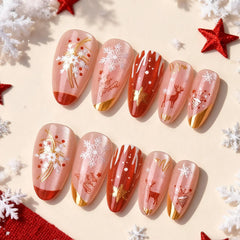 Cyflymder 24Pcs Cat's Eye Red French False Nails Press on Mid-length Almond Fake Nails Bow Snowflake Pearl Wearable Full Cover Nails Tips