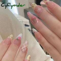 Cyflymder 10Pcs Almond Press on Nails with Pink Strawberry Bear Design Acrylic False Nails Cute French Full Cover Nail Tips Summer Girl