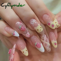 Cyflymder 10Pcs Almond Press on Nails with Pink Strawberry Bear Design Acrylic False Nails Cute French Full Cover Nail Tips Summer Girl