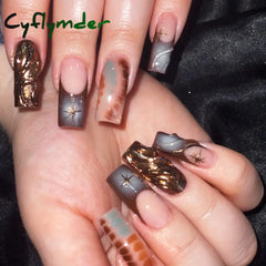 Cyflymder 24PC simple French ballet false nails with love designs brown edge fake nails with glue full cover press on nails medium length