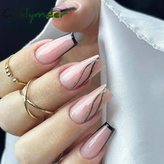 Cyflymder 24PC simple French ballet false nails with love designs brown edge fake nails with glue full cover press on nails medium length