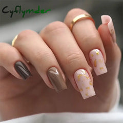Cyflymder 24PC simple French ballet false nails with love designs brown edge fake nails with glue full cover press on nails medium length