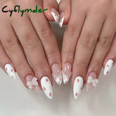 Cyflymder 24Pcs Almond False Nails Cute Strawberries with French Design Simple White Wearable Fake Nails Decoration Press on Nail Tips Art