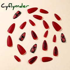 Cyflymder 24Pcs Almond Shaped French Press On Nails Romantic Burgundy Rose Pattern Design Wearable False Nail Suitable Women Gifts Manicur