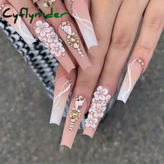 Cyflymder 24Pcs Artifical False Nails with Glue Fake Nail Tips with Heart Designs Detachable Press on Nails Long Finished Nails
