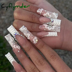 Cyflymder 24Pcs Artifical False Nails with Glue Fake Nail Tips with Heart Designs Detachable Press on Nails Long Finished Nails