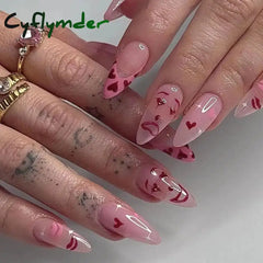 Cyflymder 24Pcs/Box Sweet Pink Marbling Diy Manicure Shinny False Nails French Long Almond Detachable Fake Nials Press On Nail Tips