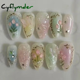 Cyflymder 24pcs Detachable Flower Almond bowknot French False Nails Stars Love Glitter Design Press on Nails Fake Nials DIY Manicure Nails