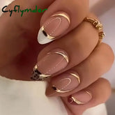Cyflymder 24pcs Long Stiletto False Nails wave Peals decorated Wearable French Fake Nails Press On Nails Leopard print Almond Manicure Tip