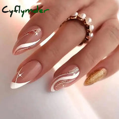Cyflymder 24pcs Long Stiletto False Nails wave Peals decorated Wearable French Fake Nails Press On Nails Leopard print Almond Manicure Tip