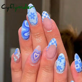 Cyflymder 24pcs Press on Nails Long Almond Blue Line Love Flower Lattice Print Fake Nail French Tip Press on Nails Cute Nail