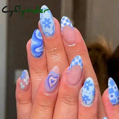 Cyflymder 24pcs Press on Nails Long Almond Blue Line Love Flower Lattice Print Fake Nail French Tip Press on Nails Cute Nail