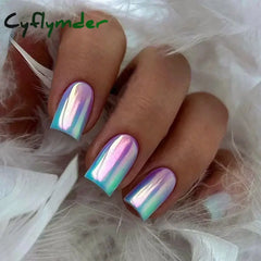 Cyflymder 24Pcs Short False Nails Aurora Cat Eye with French Design Simple Metallic Full Cover Wearable Chrome Press on Fake Nails Tips