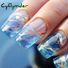 Cyflymder 24pcs Short Round False Nails French Blue Sparkling Pearl White Wavy Love Heart Full Cover Detachable Press On Nail Tips