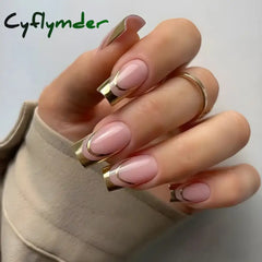 Cyflymder 24Pcs Simple False Nails Gold Edge Butterfly with French Design Wearable Fake Nails Coffin Full Cover Press on Nail Tips Art