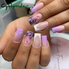Cyflymder 24Pcs Simple False Nails Gold Edge Butterfly with French Design Wearable Fake Nails Coffin Full Cover Press on Nail Tips Art