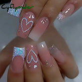Cyflymder 24Pcs Simple French Fake Nails Wearable Artifical False Nails with Glue Long Coffin Press on Nails Gold Powder Design Nail Tips