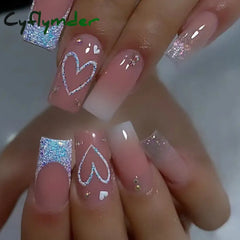 Cyflymder 24Pcs Simple French Fake Nails Wearable Artifical False Nails with Glue Long Coffin Press on Nails Gold Powder Design Nail Tips