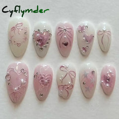 Cyflymder 24pcs Sweet False Nail Patches Detachable Fake Nail Tips With Bowknots Love Heart Pearl Design Pink Almond Korean Press On Nail