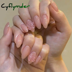Cyflymder 24pcs Sweet False Nail Patches Detachable Fake Nail Tips With Bowknots Love Heart Pearl Design Pink Almond Korean Press On Nail