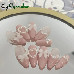 Cyflymder Handmade Custom Made False Nail Art With Pearls And Nows Wearable Nail Pink Almond Style Section Patch Removable Girl Fake Nail