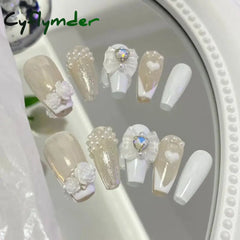 Cyflymder Handmade Custom Made False Nail Art With Pearls And Nows Wearable Nail Pink Almond Style Section Patch Removable Girl Fake Nail