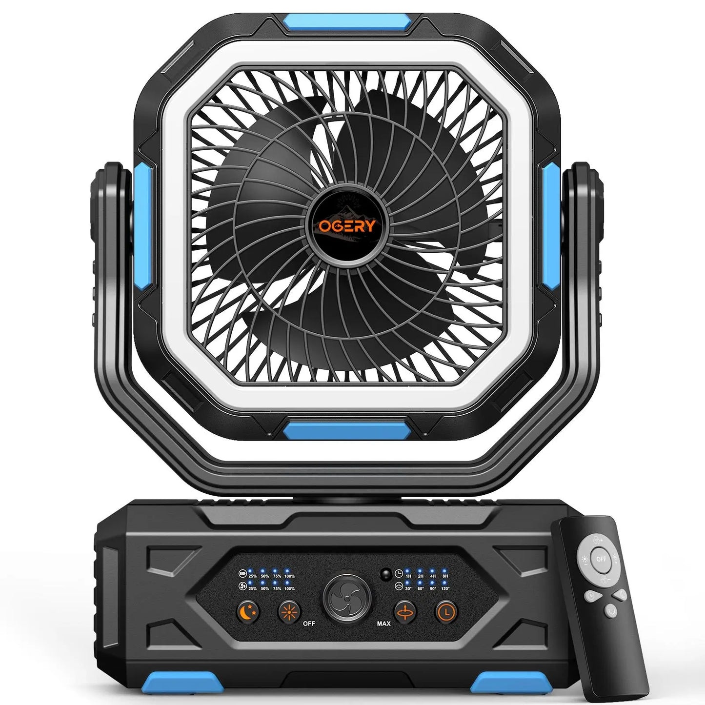 Portable Rechargeable Camping Fan with LED Light & 360° Rotating Hook