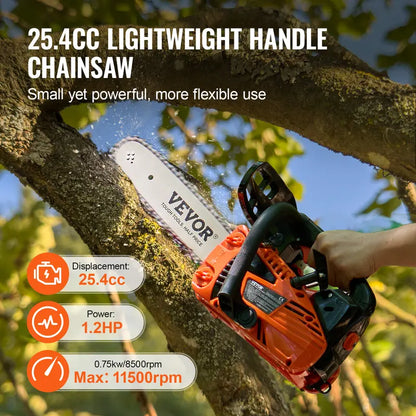 Gas Chainsaw, chainsaw for tree cutting, 25.4CC 12-Inch 1.2HP 2-Stroke Gasoline Powered Chain Saw with Anti-Vibration Handle & Auto-Oiler for Farm, Garden, Ranch - Cuts Tree Branches, Firewood, Logs, Hardwood, Gas Powered Chainsaws