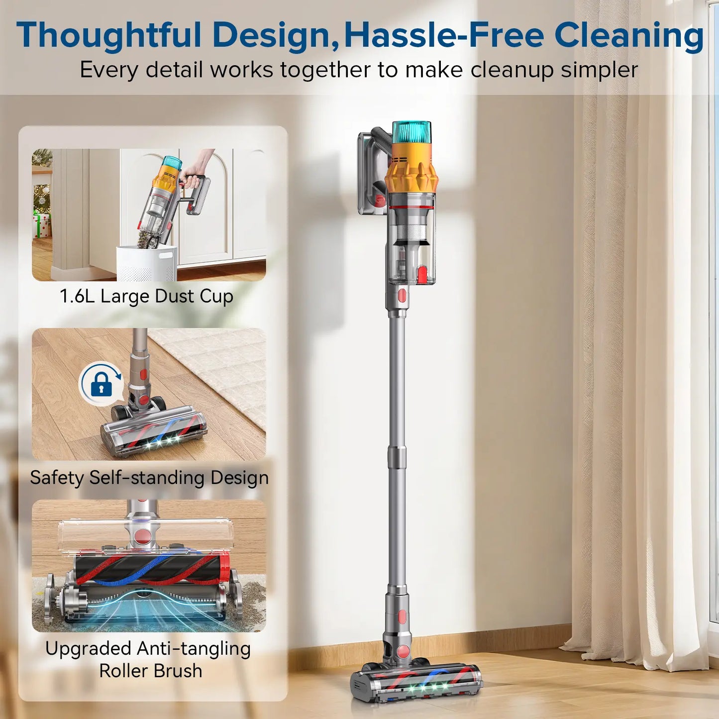 Cordless Stick Vacuum Cleaner with 48KPa Powerful Suction & Self Standing Design
