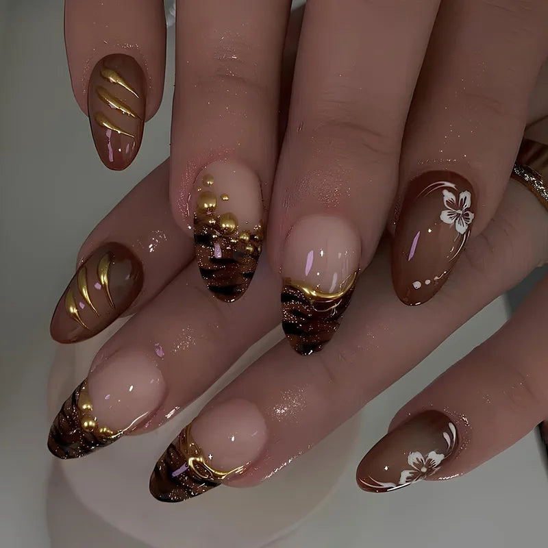 Cyflymder  24pcs French Almond Press on Nails Star Moon False Nails Wearable Stick-on Nail Fake Nails Uñas Postizas Накладные Ногти 네일팁
