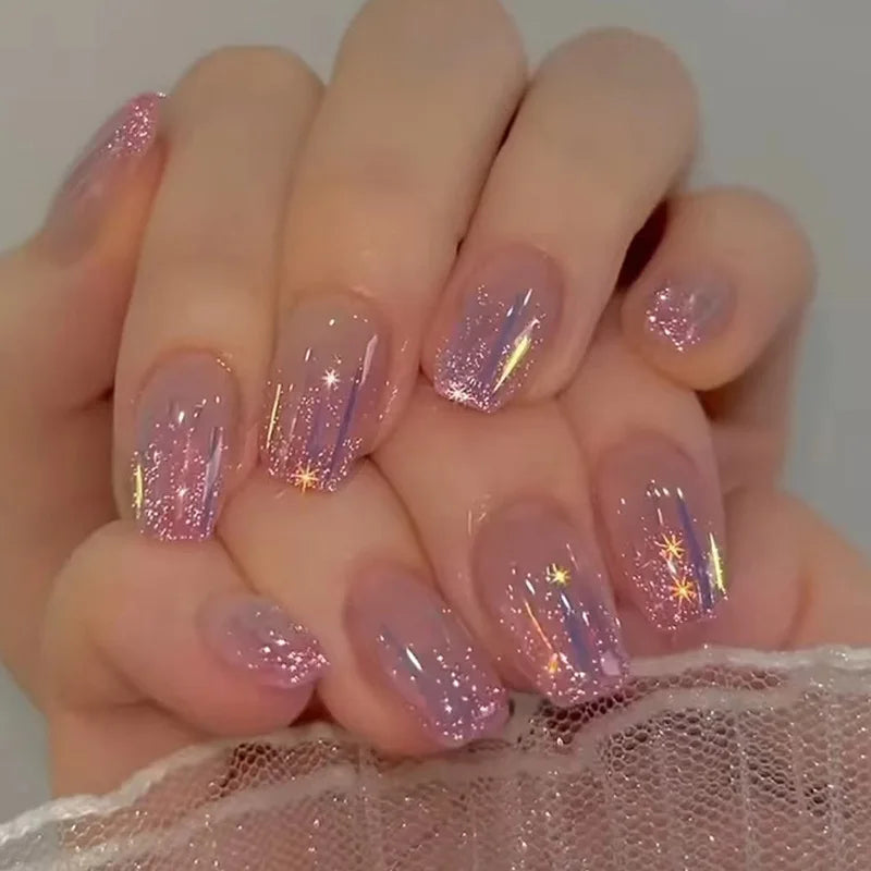Cyflymder  24Pcs Short Ballet Press on Fake Nails Silver Bow French Deisgn False Nails Rhinestone Reusable Artificial Full Cover Nails Tips