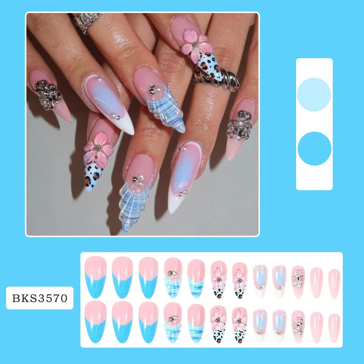 Cyflymder  24pcs Sweet Cool Press on Nails 3D Carved Flower Design Long Almond Fake Nails for Women Girls Wearable French False Nails