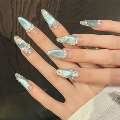 Cyflymder  10Pcs Blue Cat's Eye Handmade Fake Nails Flower Pearl Rhinestone False Nails Press on Long Round Reusable Full Cover Nails Tips